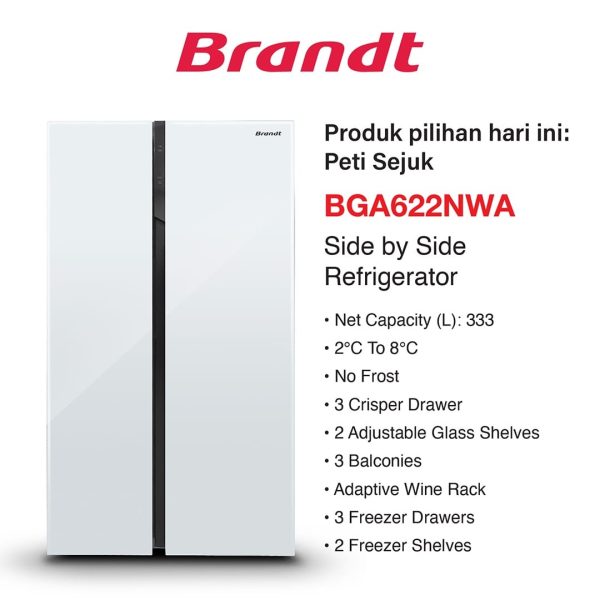 Brandt 622L SBS Fridge White Glass BGA622NWA